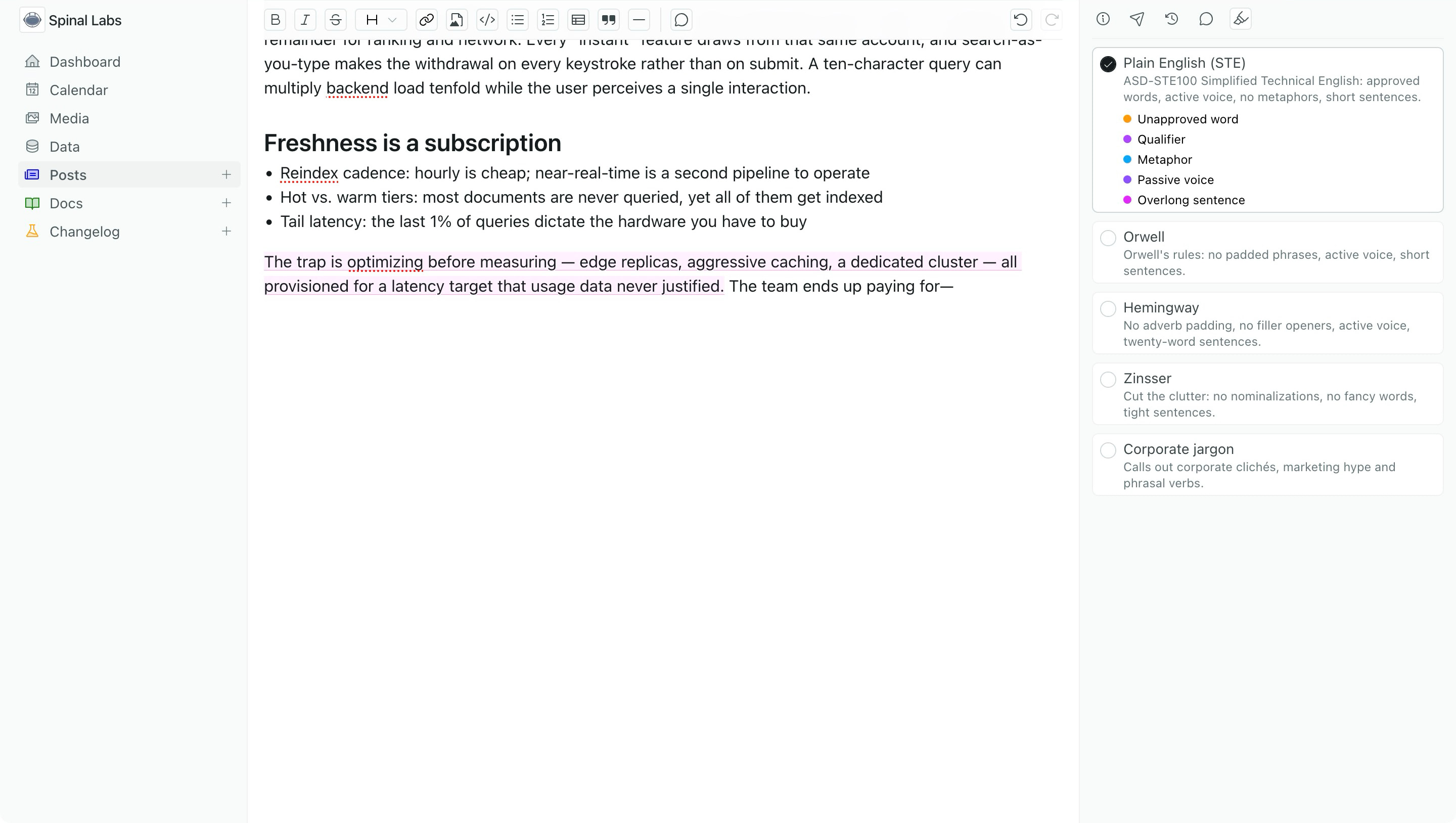 Preview of the Spinal CMS editor with sidebar on the left, editor in the middle.